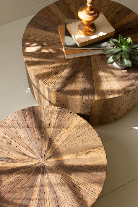 SET OF TWO RECYCLED WOOD ROUND COFFEE TABLES
