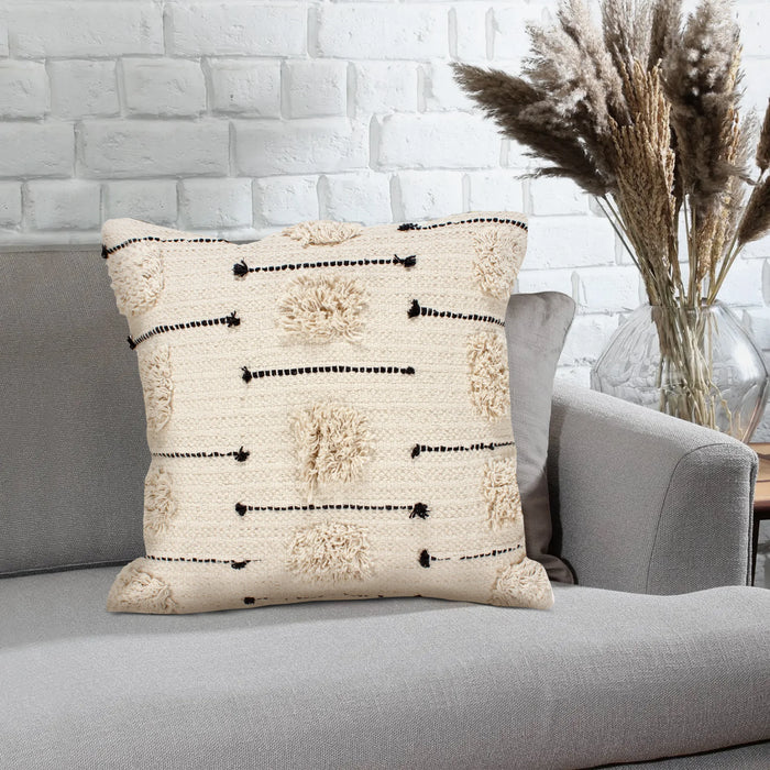 DunaWest 18x18 Square Cotton Accent Throw Pillow with Shaggy Fringe Accents in Beige and Black