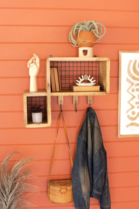 Wood and Wire Mesh Shelf with Coat Hooks