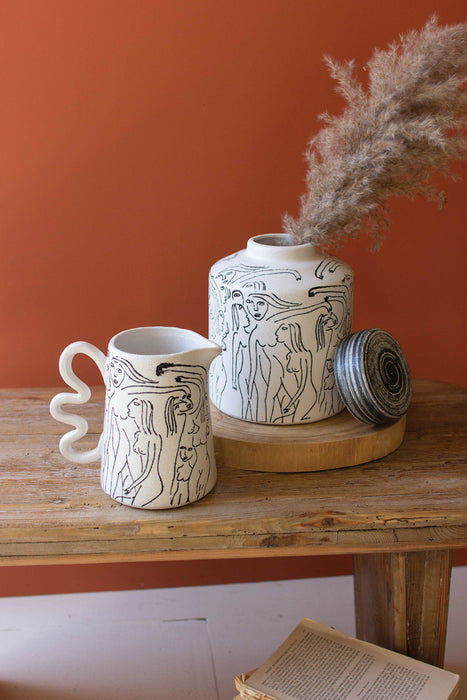 Ceramic Abstract Figure Pitcher with Squiggle Handle