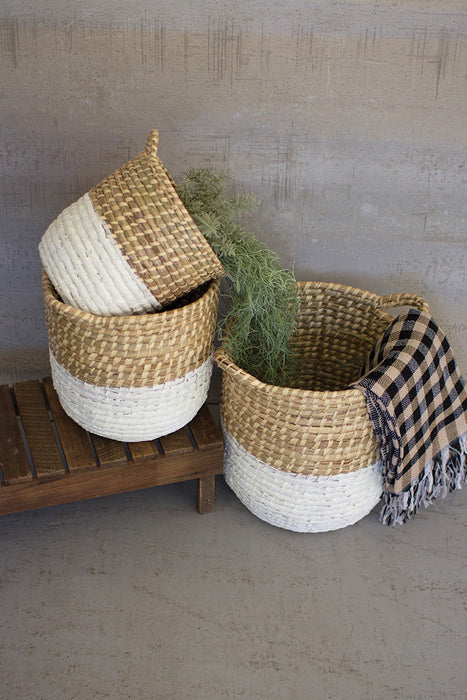 Set of 3 White Dipped Seagrass Hampers with Handles
