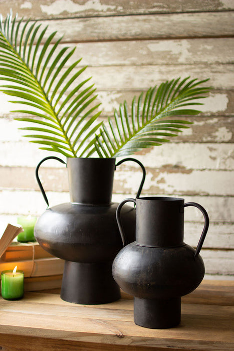 Timeless Style and Functionality with Set of 2 Waxed Black Metal Urns with Handles