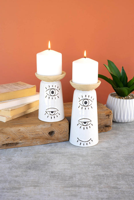 Set of 2 Ceramic Candle Holders with Eye-Catching Eye Detail