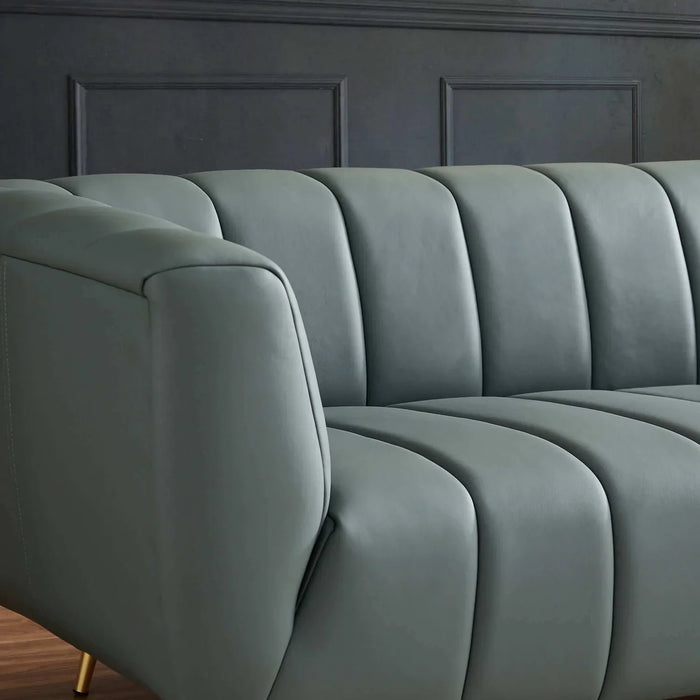 LaMattina Genuine Italian Blue Leather Channel Tufted Sofa