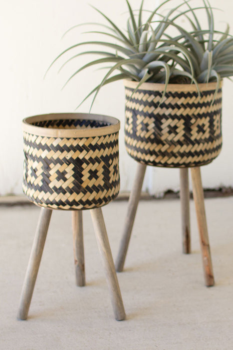 Set of 2 Woven Black & Natural Bamboo Plant Stands with Wood Legs