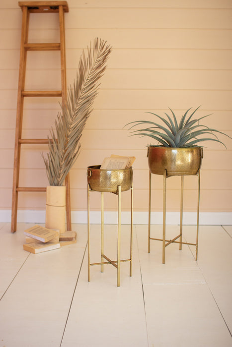 Stylish and Versatile Plant Displays with Set of 2 Brass Finish Planters with Stands