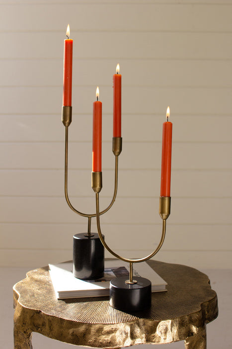 Set of 2 Elegant Brass and Marble Double Taper Candle Holders