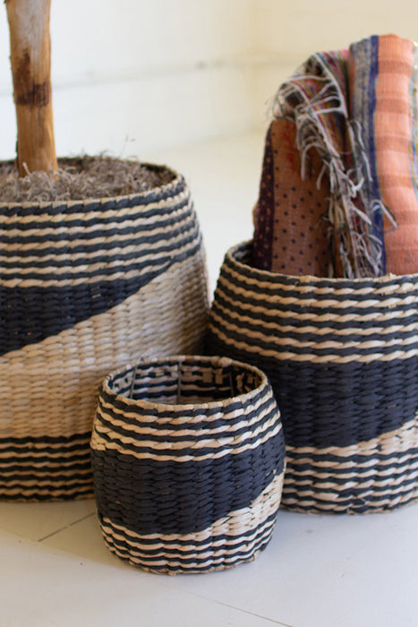 Set of 3 Round Black and Natural Seagrass Baskets