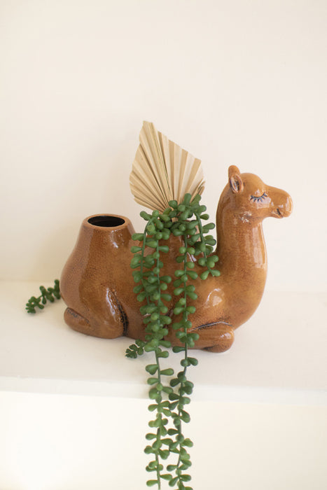 Unique and Stylish Brown Ceramic Camel Planter for Home Decor