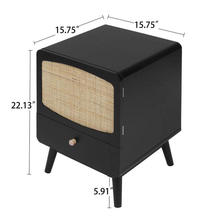 Stylish Black Nightstand with Storage Drawer and Rattan Door