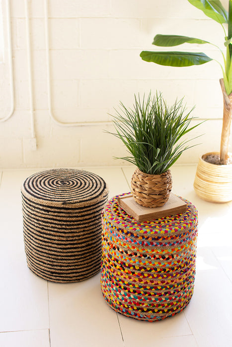 Stylish and Eco-Friendly Seating with Black and Natural Round Jute Pouf