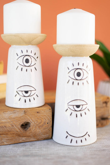 Set of 2 Ceramic Candle Holders with Eye-Catching Eye Detail