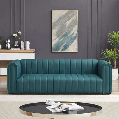 Mid-Century Modern Blue Genuine Leather Channel Tufted Square Arm Sofa