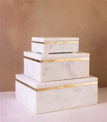 Large White Marble Box with Brass Inlay 10"x8" - White/Gold
