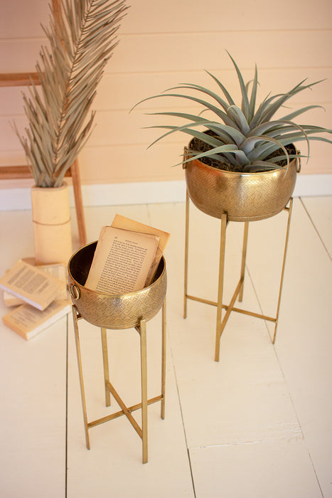 Stylish and Versatile Plant Displays with Set of 2 Brass Finish Planters with Stands