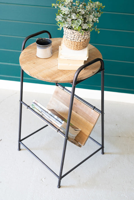 Vintage-Inspired Functionality with Wood and Rustic Metal Side Table with Magazine Rack