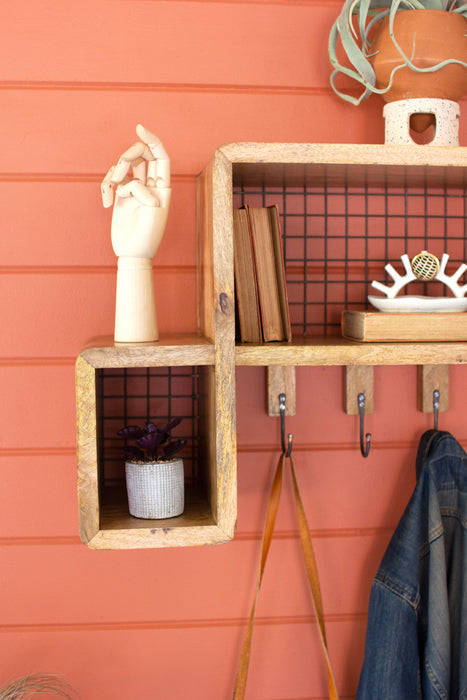 Wood and Wire Mesh Shelf with Coat Hooks